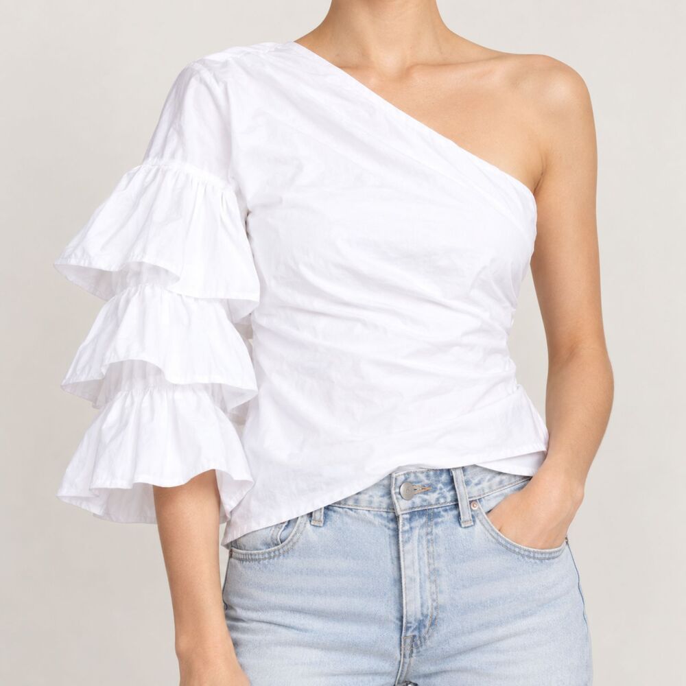 Petersyn White One Shoulder Ruffle Blouse Size S Cotton Made in New York